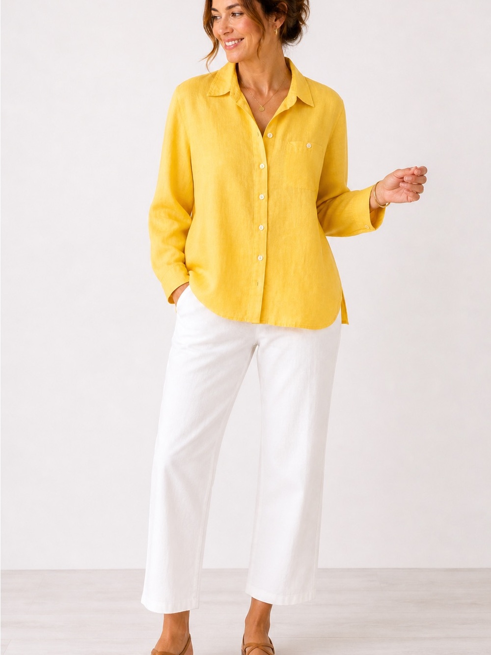 Chico’s | 100% Linen Marigold Button-Up Shirt Travel Ready Breathable Coastal